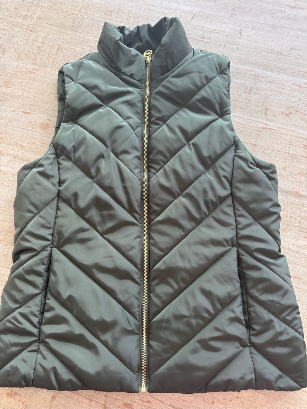 Michael Kors Olive Green Quilted Puffer Vest with Gold MK Zipper